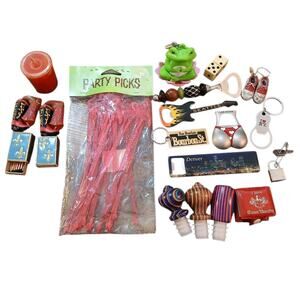 Vtg Junk Drawer Lot Bottle Openers Wine Plugs Candles Pink Flamingo Party Picks